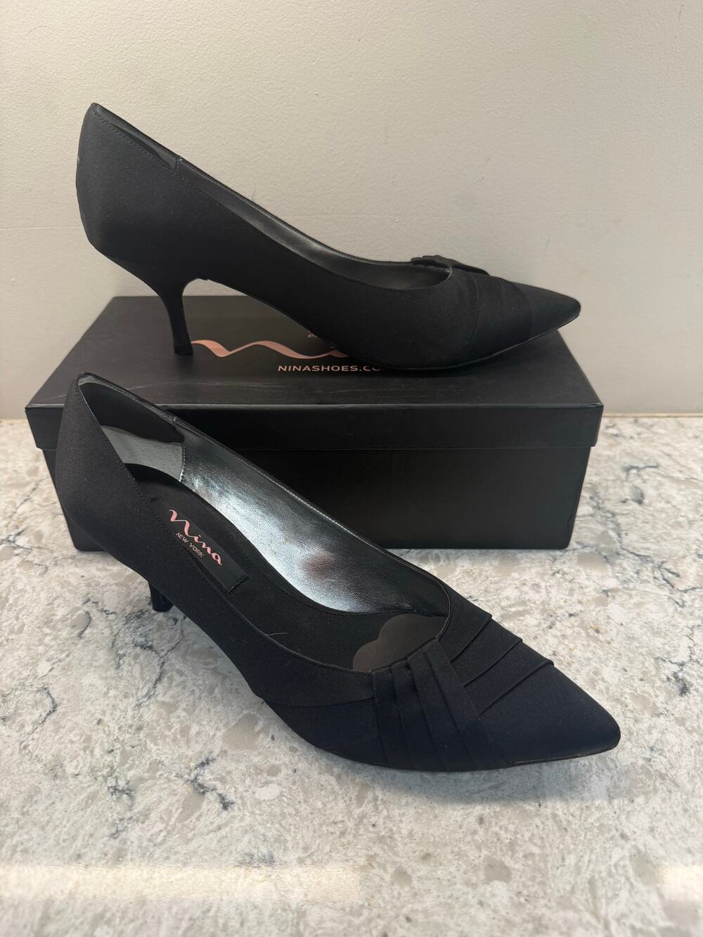 Nina Black Satin Pumps Pointed Toe Pleated Detail Low Kitten Heel Size 8